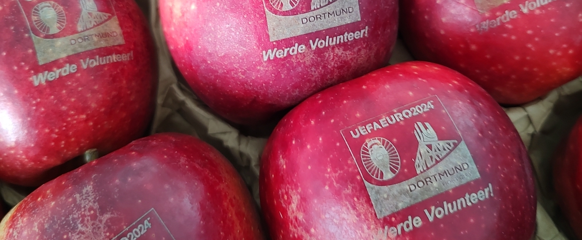 Rote Äpfel mit Logo und Aufruf "Werde Volunteer"