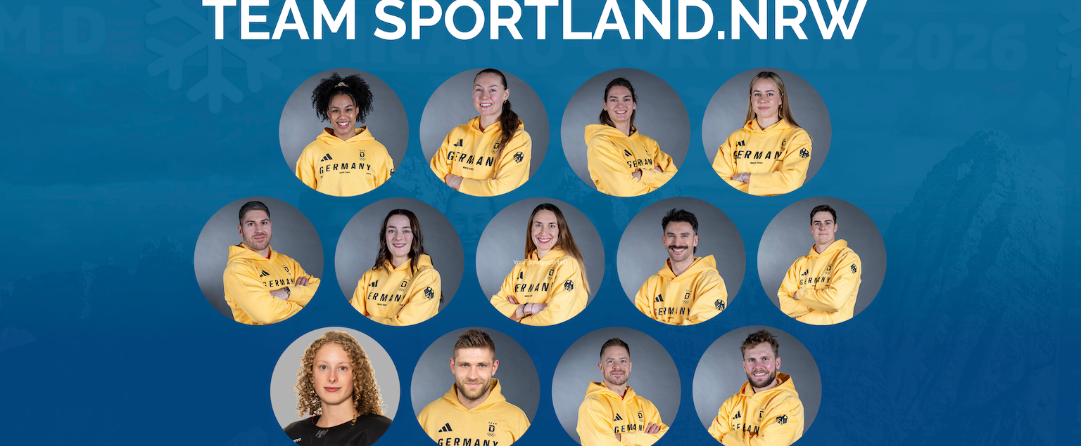 Grafik mit allen Olympia-Teilnehmenden aus NRW vor blauem Hintergrund