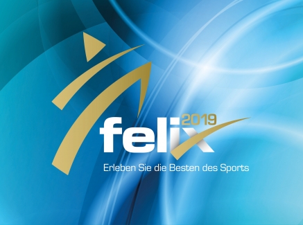 Logo des felix-Award 2019 mit blauem Hintergrund mit weißen Schriftzug und goldenen Farbelementen.