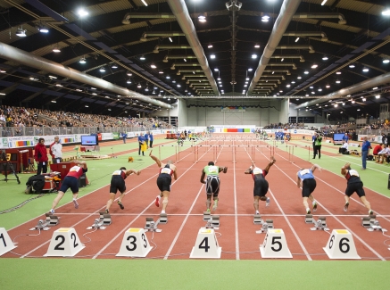 Von hinten betrachtet: Sieben Sprinter starten gerade zum Sprint in einer Indoor-Leichtathletikhalle.