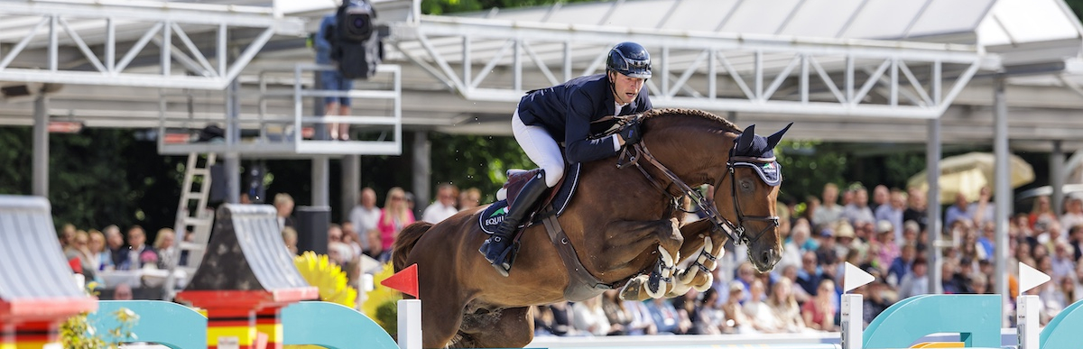 Reiter springt mit seinem Pferd über ein Hindernis