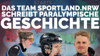 Collage mit drei NRW-Para Athleten und dem Schriftzug "Team Sportland.NRW schreibt paralympische Geschichte"